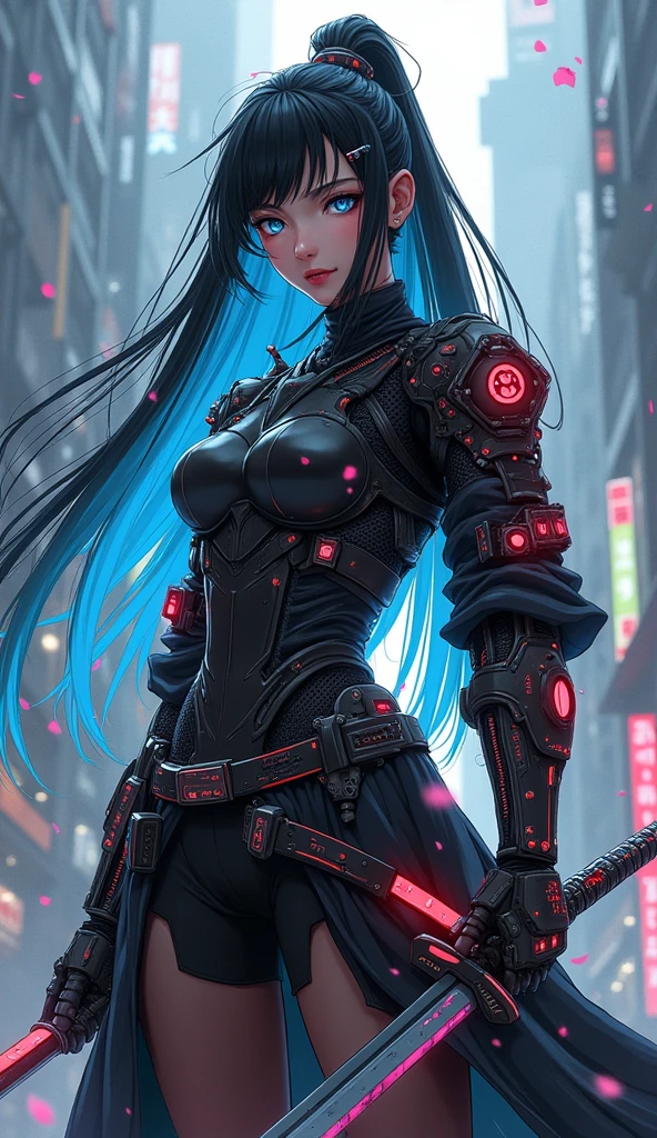 ((Go Min-si)) Create a hyper-realistic anime-style illustration of a female Cyberpunk Samurai. The character should have long, flowing black hair with cybernetic enhancements visible at the temples. Her eyes should be a striking, artificial blue, suggesting advanced ocular implants. Dress her in a fusion of traditional samurai armor and futuristic tech. The armor should be sleek, with illuminated circuitry patterns and holographic displays. Incorporate a vibrant red kimono-inspired skirt for contrast. Equip her with two katanas: one traditional and one with a glowing energy blade. Add cybernetic limb enhancements, particularly on the legs and arms, with exposed hydraulics and power cores. Set the scene against a misty, neon-lit cityscape backdrop. Use a color palette dominated by cool greys, blacks, and vibrant reds, with accents of electric blue from the tech elements. The art style should blend highly detailed, realistic rendering with stylized anime aesthetics. Focus on intricate details in the armor, weaponry, and cybernetic enhancements. Incorporate subtle lighting effects to highlight the tech elements and create a sense of atmosphere. Add dynamic elements like floating holographic UI elements, swirling cherry blossom petals, and energy particles emanating from the weapons and armor to enhance the sci-fi samurai theme.