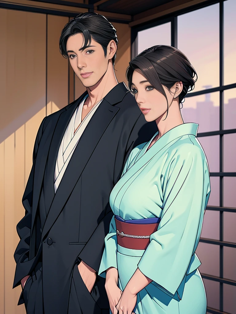 Double,Japanese Wind,Photorealism,detailed,masterpiece,Mature,Gentle men in suits and big-breasted women in kimonos,Smile,Standing,short hair