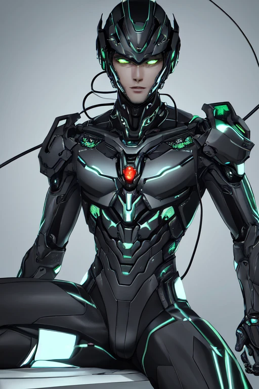 1 mechanical boy,ultra realisticdetails, portraite, Global illumination, eyeshadows, octane rendering, 8k, ultra sharp,intrikate, detailed ornaments, cool colours, metals, futuristic detail, highly intrikate details, realistic light, trends at CGSociety, eyes glowing green, front camera, neon details, metallic black colored mechanical members,blood vessels connected to tubes,mechanical vertebra attached to the back,mechanical cervical attaching to the neck,sitting down,Wires and cables connected to the head