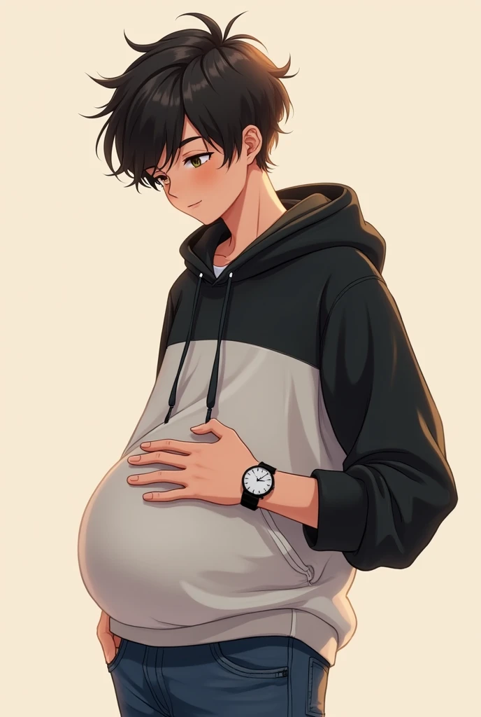 A Cute Handsome Boy 1 boy Wearing white and Black Hoodie and jeans and watch on hand and fluffy hair and 1  faint baby  In stomach and hand on stomach..Anime