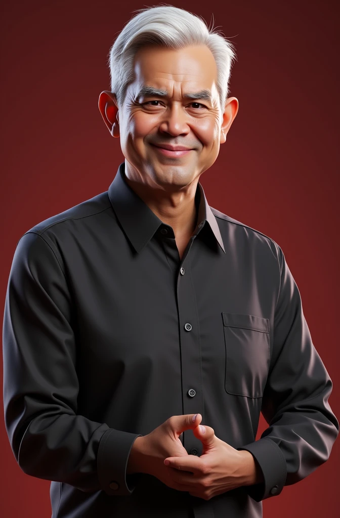 Realistic 3d caricature. big head. A 40 year old Indonesian man. tall, slightly thin body, oval face shape. oval chin, handsome, slightly round eyes, fair skin, faint smile. White hair in a side parted style. wearing a black shirt. Body position is clearly visible. Red background. Use soft photography lighting with hair lights, edge lights, and top lights. Photos with very high detail