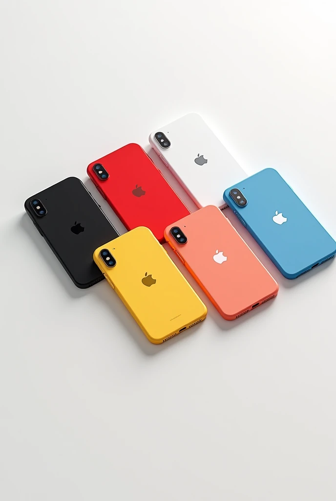 six iphone xr with black, white, red, blue, yellow, and coral colors in white background, included logo and iphone writing.