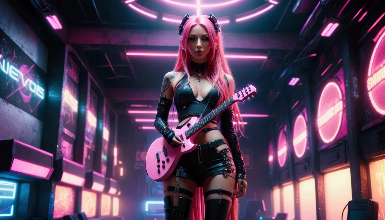 full body portrait, beautiful woman, cyberpunk style, long pink hair, playing a cyberpunk styled guitar, in a cyberpunk club, smoky atmosphere, neon lighting, dramatic, masterpiece, 4k definition, high detail, nior cyber