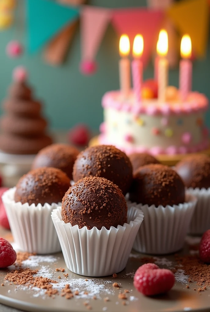 Create an image of 100 traditional Brazilian gourmet brigadeiros rolled in chocolate sprinkles, in their respective traditional white molds, with a birthday scene behind composing the brigadeiros. They should look like they were delivered to the end customer.. The sprinkles do not need to be colored or in other shapes.