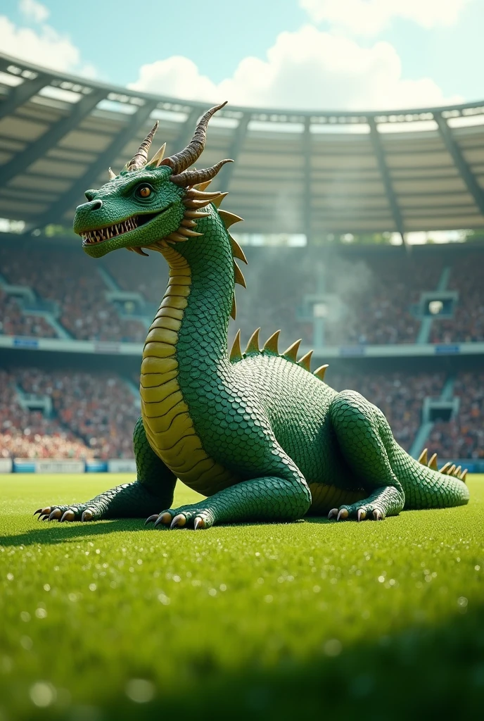 Dragón en un estadio verde con personas en las gradas del estadio 🏟 que el dtagon sea mas realista y que este en el suelo