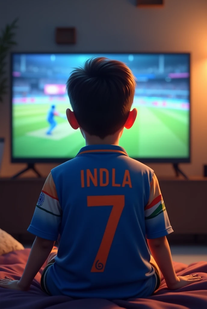 A boy sitting in front of tv and watching cricket match wearing india jersey and dhedua 7 number on his jerswy