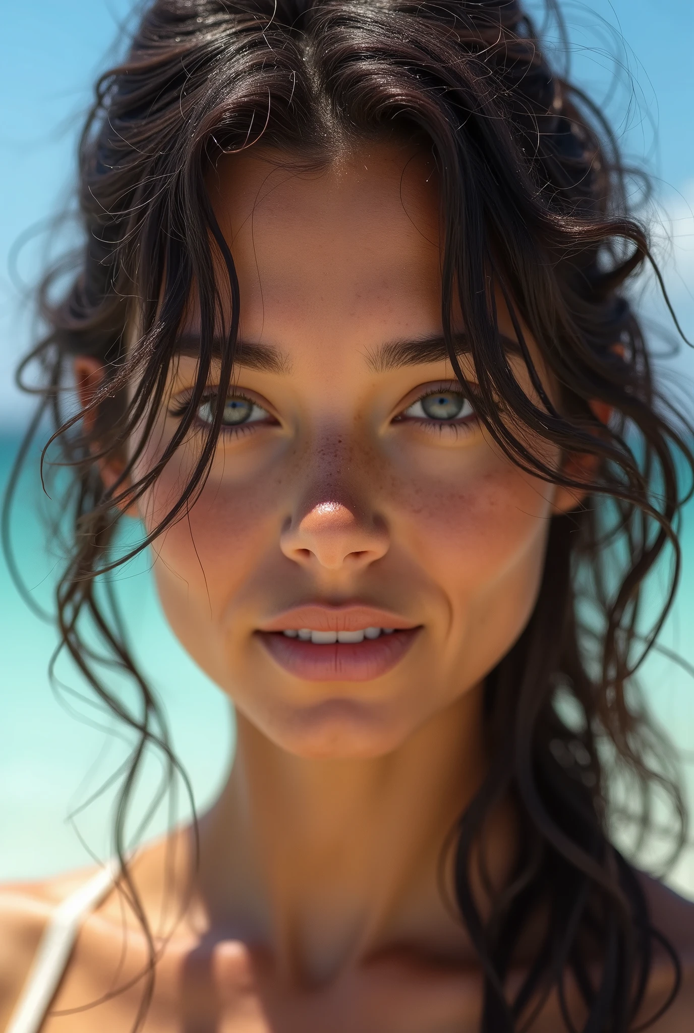 Beautiful adult woman, portrait, face, front light sunlight, thirty years old , dark hair, grey eyes, brunnette, messy hair, beautiful face, busty, Ocean, surfing, realistic, 4K, high quality,