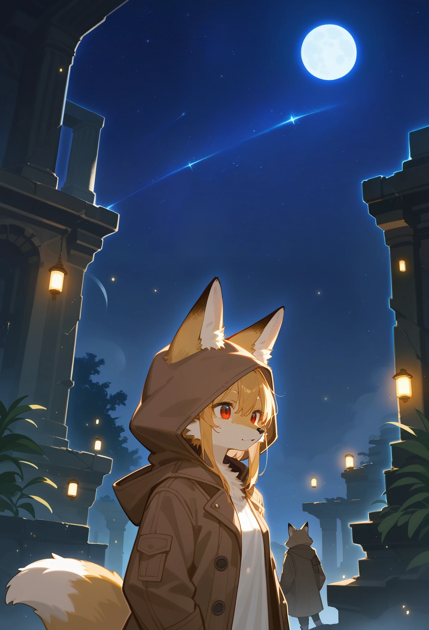 rating_safe, score_9, score_8_up, score_7_up, score_6_up, score_5_up, score_4_up, hires, highres, source_furry, cover page(kemono, furry anthro, boys, girls, fox, Golden fur, Golden yellow face fur, Red eyes, Brown elements on fur, Brown coat brown hood up)Plant elements in ruins, lichen, There is no other life, Night, starry sky, Vast landscape, moon full, meteors, Star cloud, Warm light source, Rained, wet clothes, overcast sky, Beautiful lights and shadows, Ambient light, Volumetric lighting, Dynamic configuration, Highly detailed and colorful details, luminous lighting, Atmospheric lighting, dream magical, magic, Glowing light,