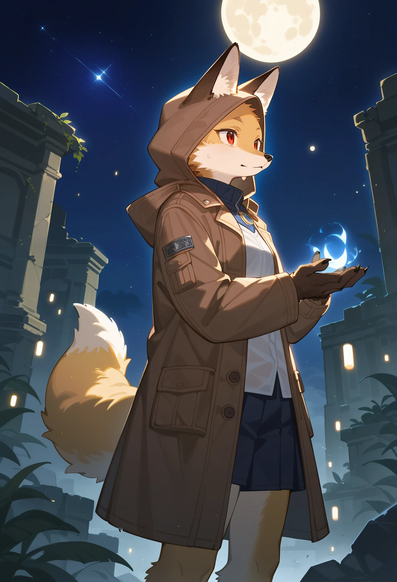 rating_safe, score_9, score_8_up, score_7_up, score_6_up, score_5_up, score_4_up, hires, highres, source_furry, cover page(kemono, furry anthro, boys, girls, fox, Golden fur, Golden yellow face fur, Red eyes, Brown elements on fur, Brown coat brown hood up)Plant elements in ruins, lichen, There is no other life, Night, starry sky, Vast landscape, moon full, meteors, Star cloud, Warm light source, Rained, wet clothes, overcast sky, Beautiful lights and shadows, Ambient light, Volumetric lighting, Dynamic configuration, Highly detailed and colorful details, luminous lighting, Atmospheric lighting, dream magical, magic, Glowing light,