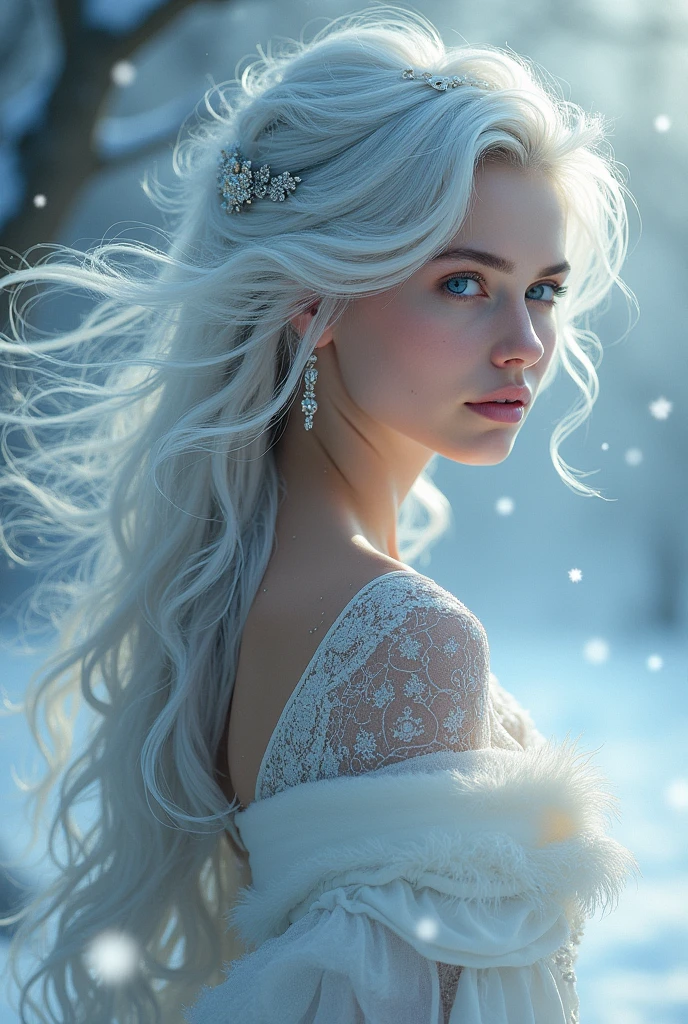 ((masterpiece, Highest quality, Best image quality, High resolution, Realistic, RAW Photos, 8k)), Silver-haired woman, 10th Generation,True perfection, cute,Perfect position,that'it's snowing,The wind is blowing、Her hair and clothes are fluttering,mysterious,Fantasy,Realistic lighting, Rear View,
