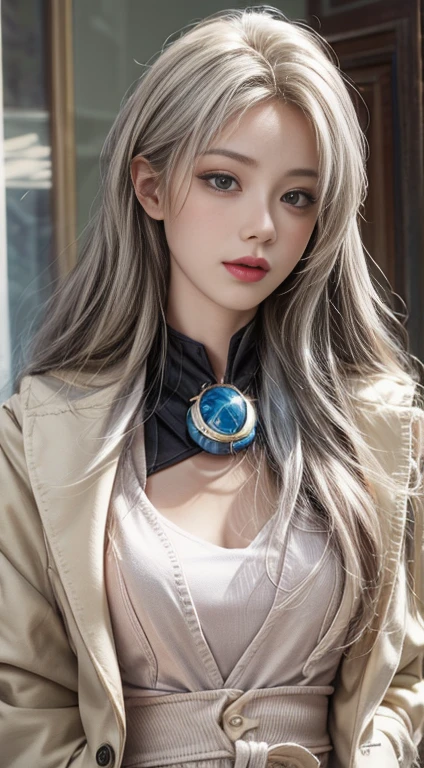 Close-up of a woman in a white dress and jacket, snow原、snow、snowが降る、Realistic painting, Incredibly beautiful proportions、Ultra detailed nipples、Beautiful areola、It was a hot topic on Art Station.., Fantasy art, perfect have Gray Hair girl, have Gray Hair, haS long Gray Hair, Gray Hair, หญิงสาวที่have Gray Hair, ทีฟา ล็อกฮาร์ต Gray Hair, have Gray Hair lady, Gouache style artwork((Realistic Light, Highest quality, 8k, masterpiece :1.3)), Frank, One person&#39;S, Beautiful woman with perfect figure :1.4, Stomach　Empowering men、Fir fir、Tingling nipples、Uncontrollable ecstasy、Uncontrollable orgasm、