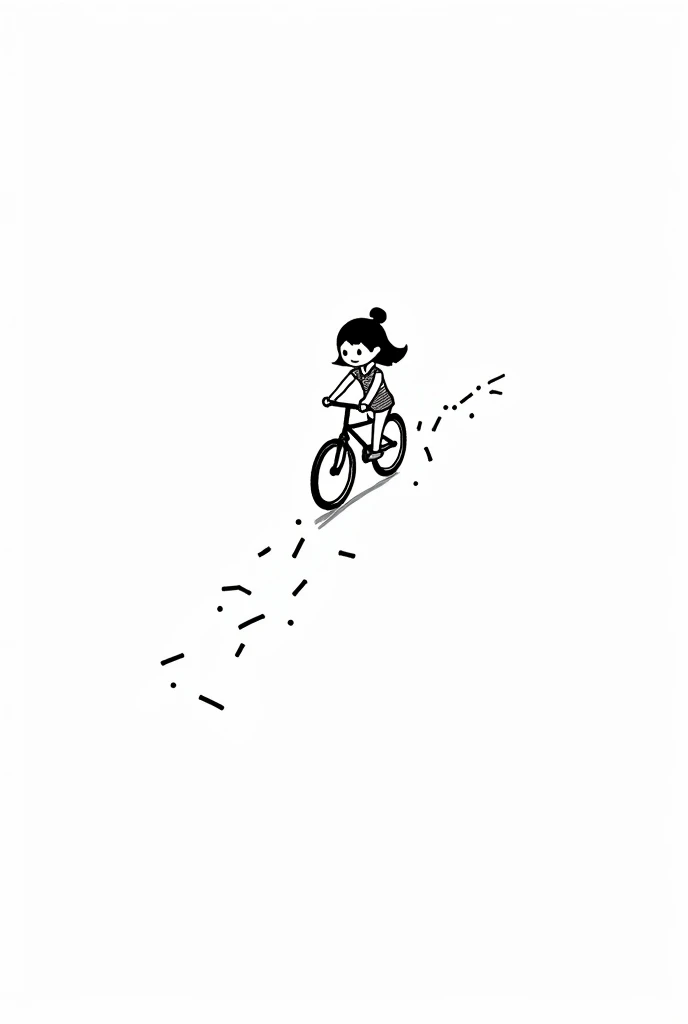 (Most of the background is solid white color.),Simple little cute cartoon girl, doodle, minimalist, black and white, , riding a bicycle
