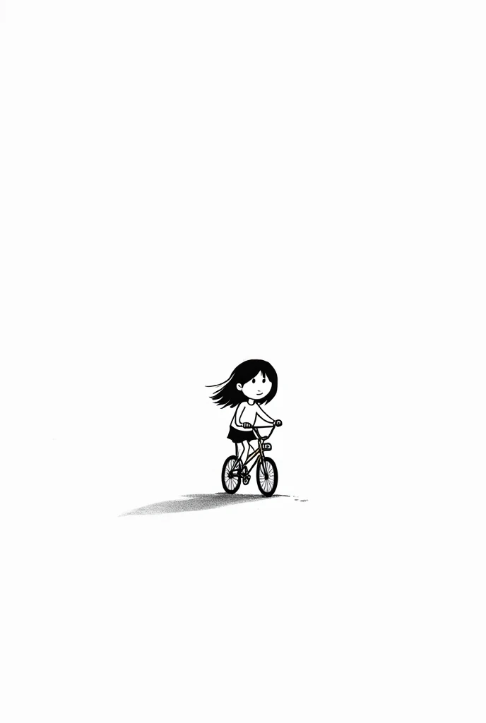 （Most of the background is solid white color.），Simple little cute cartoon girl, doodle, minimalist, black and white, , riding a bicycle