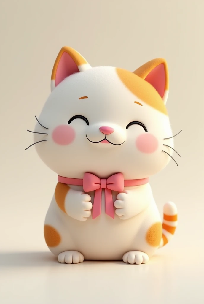 Chiby style, 3d model, a cat, White brown stripes, Striped tail,  sitting, wearing a pink ribbon around her neck,  