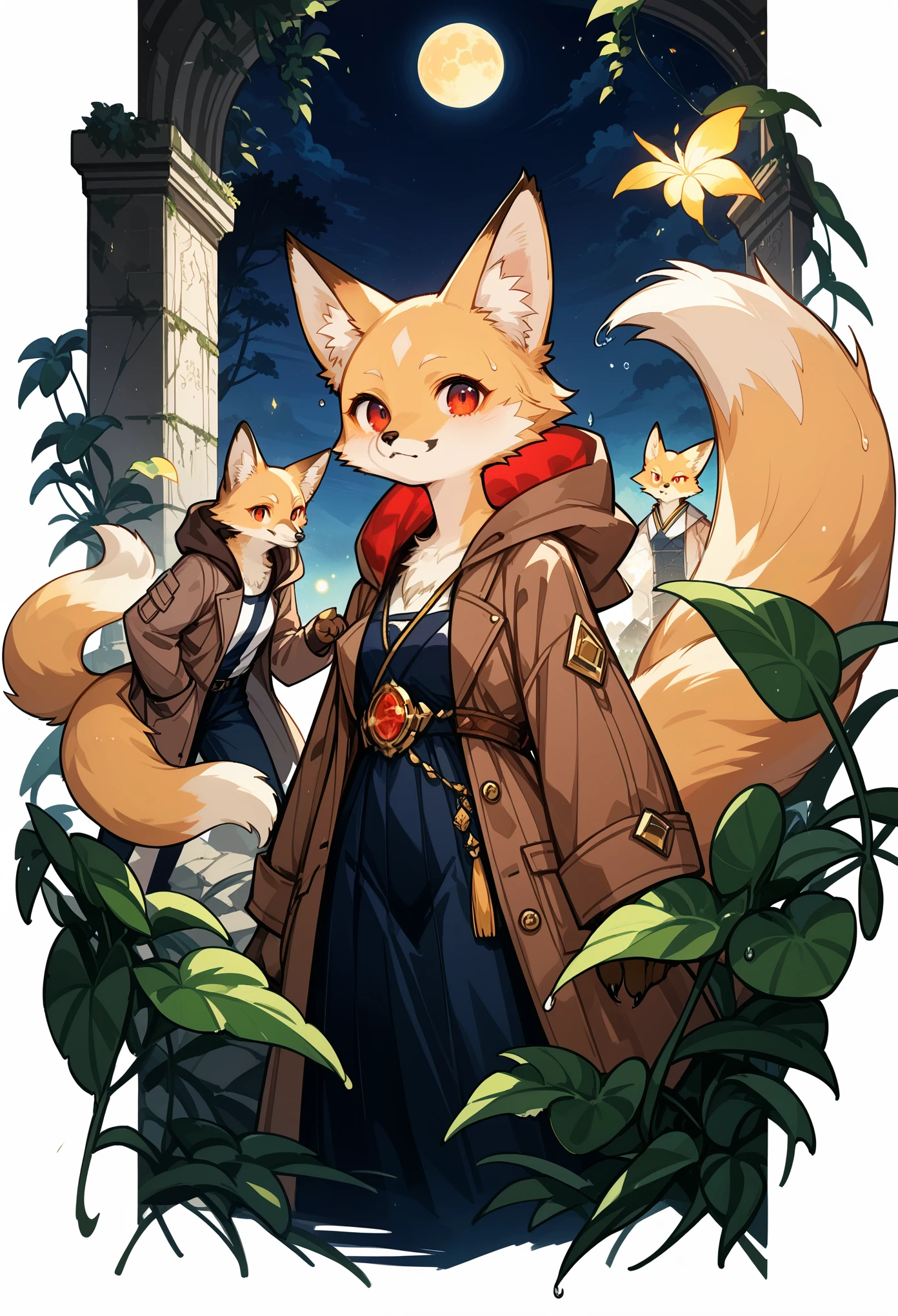 rating_safe, score_9, score_8_up, score_7_up, score_6_up, score_5_up, score_4_up, hires, highres, source_furry, cover page(kemono, furry anthro, boys, girls, fox, Golden fur, Golden yellow face fur, Red eyes, Brown elements on fur, Brown coat brown hood up)Plant elements in ruins, lichen, There is no other life, Night, starry sky, Vast landscape, moon full, meteors, Star cloud, Warm light source, Rained, wet clothes, overcast sky, Beautiful lights and shadows, Ambient light, Volumetric lighting, Dynamic configuration, Highly detailed and colorful details, luminous lighting, Atmospheric lighting, dream magical, magic, Glowing light,