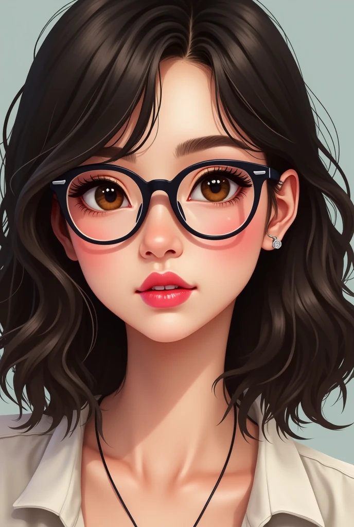 Cartoon character of a REALISTIC IMAGE OF A WOMAN APPROXIMATELY 4, ROUNDED GLASSES WITH DARK FRAME, MEDIUM DARK HAIR, brown dark eyes, skin fair, pink lipstick.