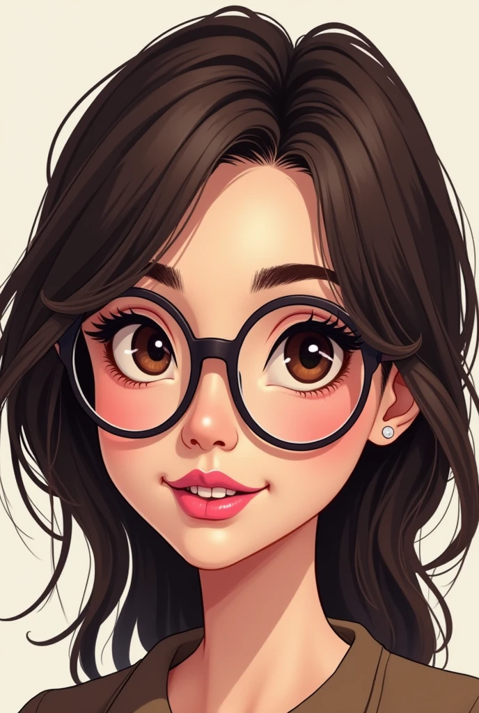 Cartoon character of a REALISTIC IMAGE OF A WOMAN APPROXIMATELY 4, ROUNDED GLASSES WITH DARK FRAME, MEDIUM DARK HAIR, brown dark eyes, skin fair, pink lipstick.