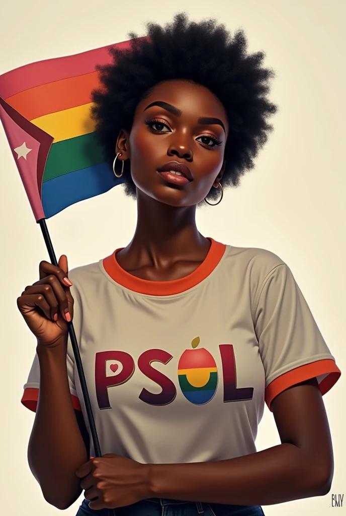 Black woman drawing, cabelo cacheado e curto, wearing a PSOL shirt and holding a lesbian visibility flag