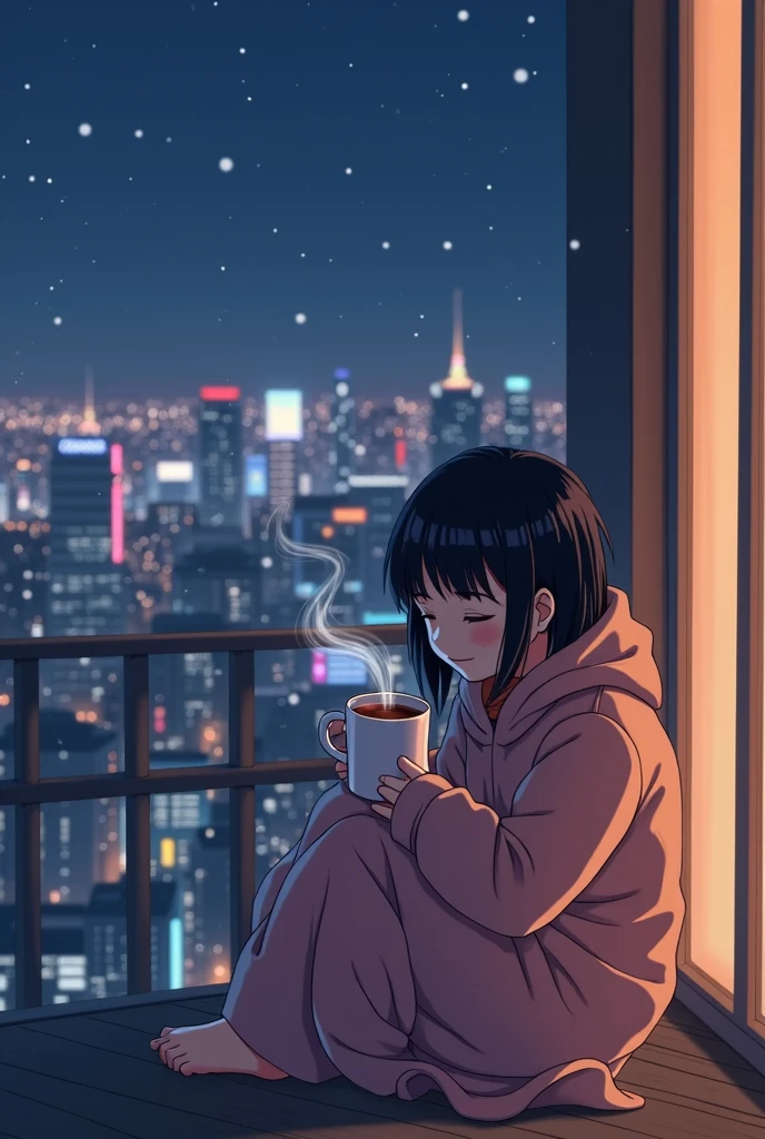 80's、anime、Balcony、Night view、girl、winter、Mug、cocoa、cute、Black Hair、Tokyo、