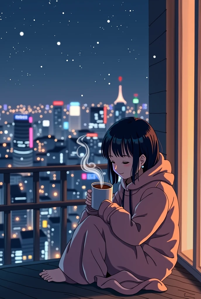 80's、anime、Balcony、Night view、girl、winter、Mug、cocoa、cute、Black Hair、Tokyo、