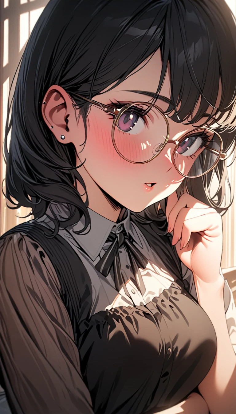 Black Hair, Glasses, Stud Earrings, Vintage, feminine, 8k, masterpiece, Highest quality, Amazing details) , (High saturation, Best Shadow, The best light, Very delicate bleaching) Dark Style