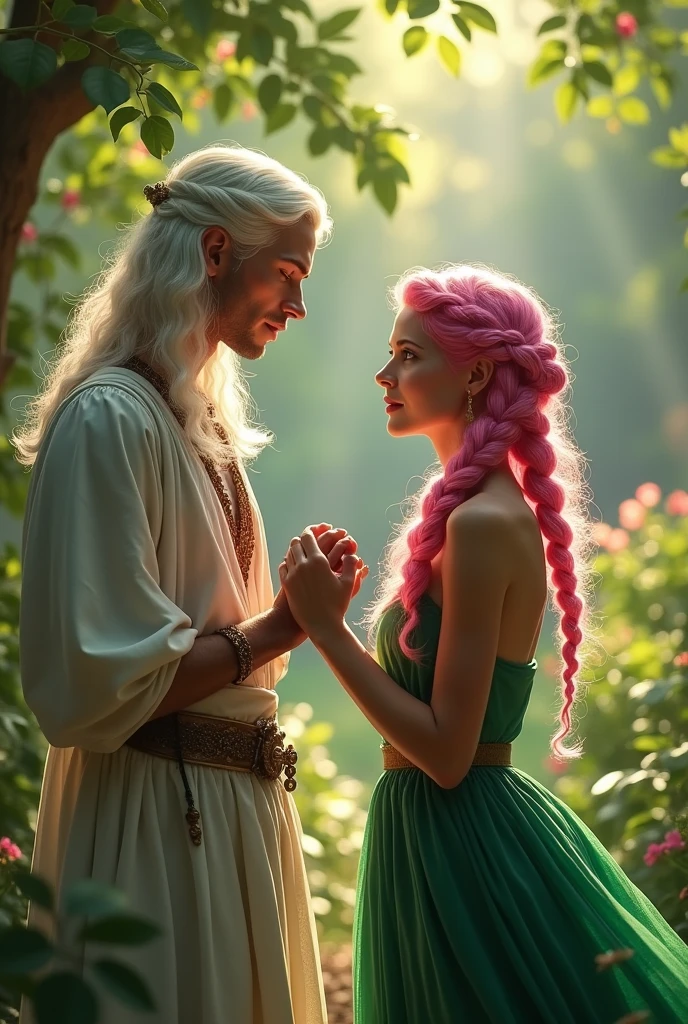 A love story between the slave and prince. The slave is so beautiful and playful and she is so shy and cute.. she has so wired hair color.. it's pink and lower half green. Her hair three thick braided.. she was working on the garden and looking so beautiful and prince was walking there and watching her.. prince was so beautiful and handsome too.. he has long white hair and yellow eyes. He watching her enjoying herself.. and then walk up to her and grab her hand and start to talking calmly, "this morning is beautiful, isn't it, beautiful?" She blushes and look at him and unable to talk..