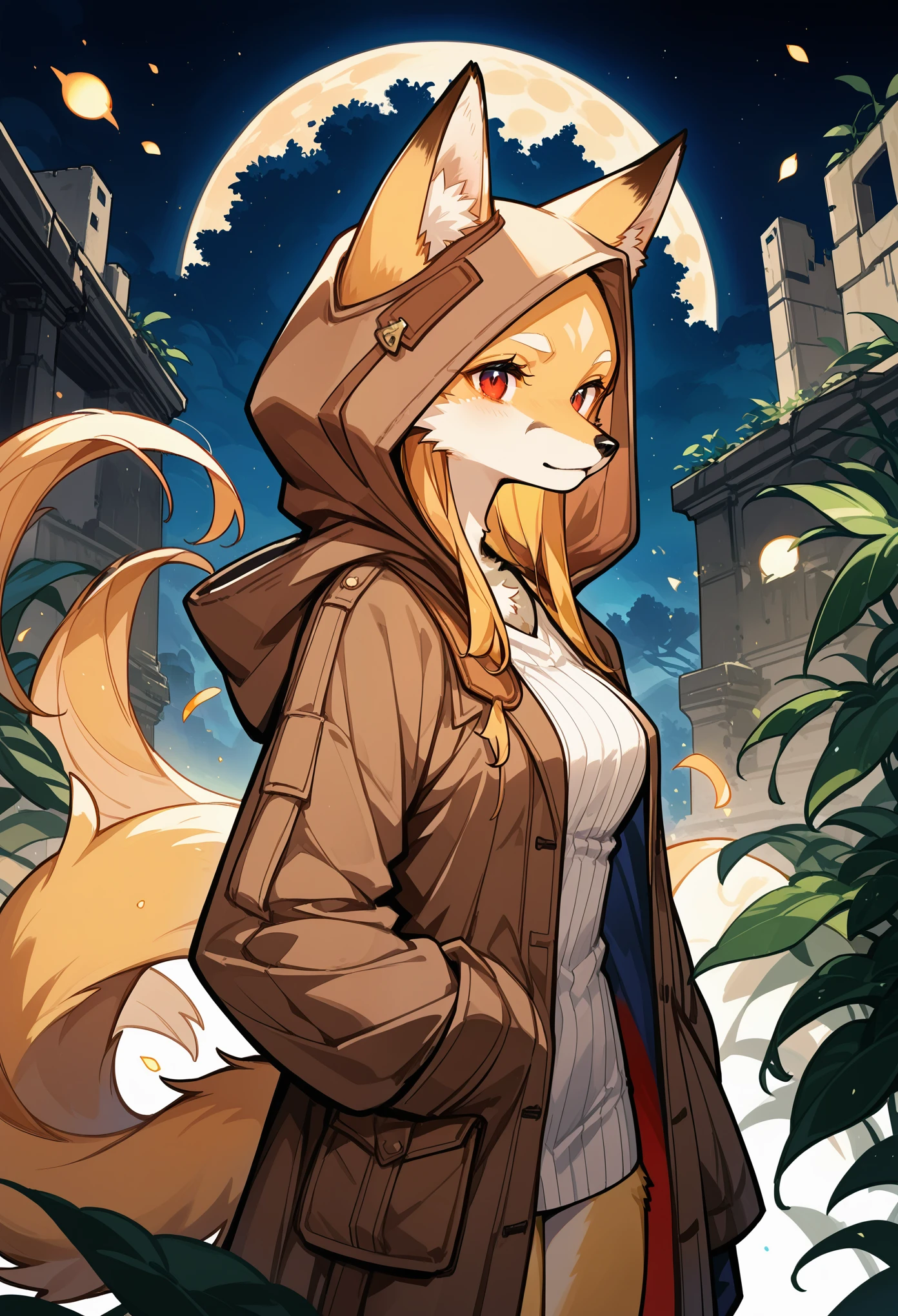 rating_safe, score_9, score_8_up, score_7_up, score_6_up, score_5_up, score_4_up, hires, highres, source_furry, cover page(kemono, furry anthro, boys, girls, fox, Golden fur, Golden yellow face fur, Red eyes, Brown elements on fur, Brown coat brown hood up)Plant elements in ruins, lichen, There is no other life, Night, starry sky, Vast landscape, moon full, meteors, Star cloud, Warm light source, Rained, wet clothes, overcast sky, Beautiful lights and shadows, Ambient light, Volumetric lighting, Dynamic configuration, Highly detailed and colorful details, luminous lighting, Atmospheric lighting, dream magical, magic, Glowing light,