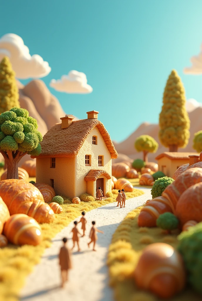 Miniature landscape, town of bread, house made of bread, tree made of broccoli, car made of croissants, many people walking on the road, blue sky, c4d, oc rendering, HD 8k