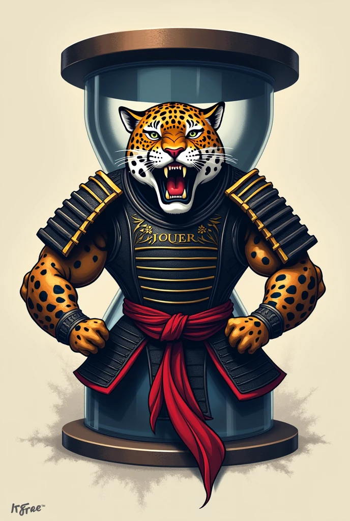 Realistic LOGO of a jaguar mascot dressed as a samurai showing its teeth and with an hourglass behind it, college athletic style