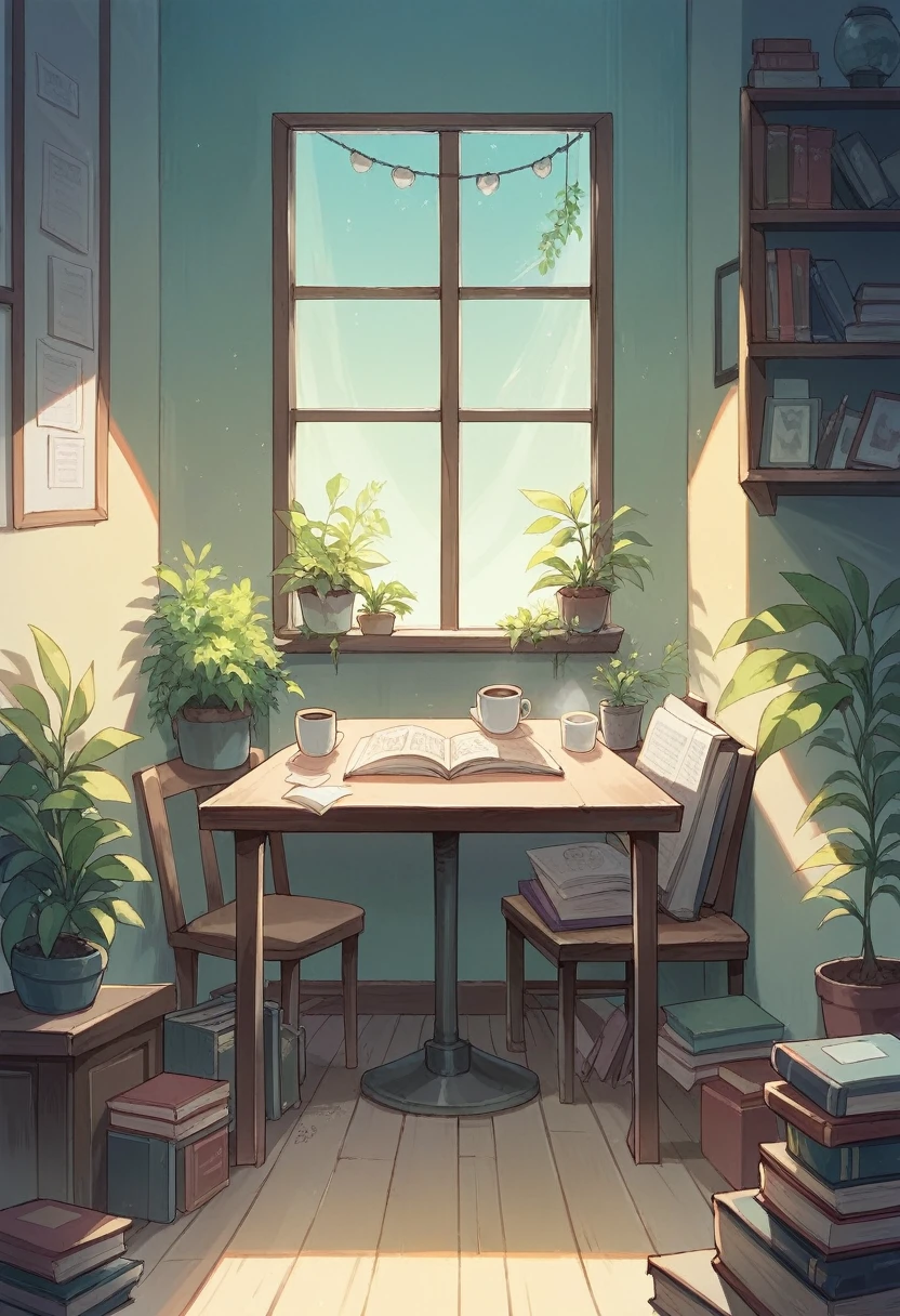 1girl, kawaii girl，A plant，Walls, window, book, coffee, table, night, cozy room, lofi style, full body,