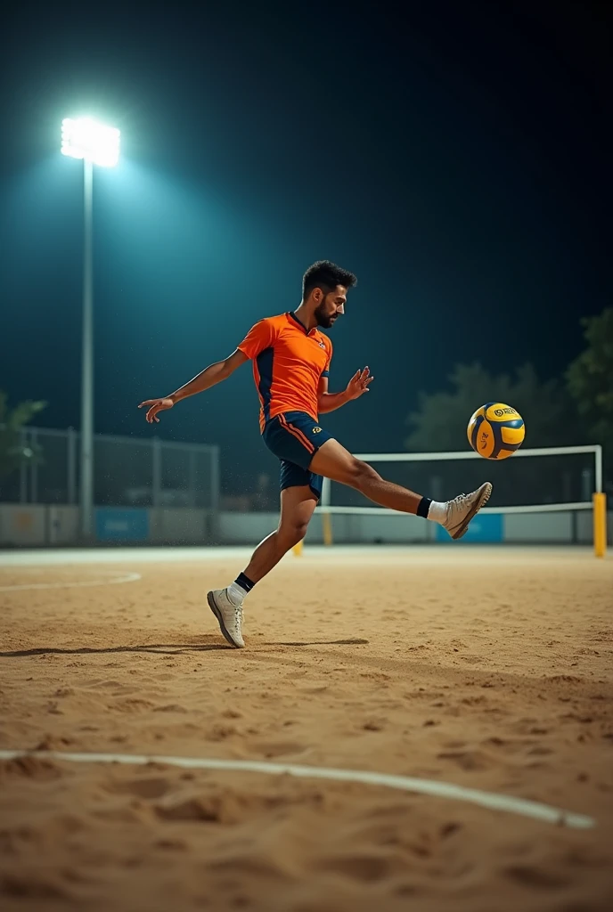 A high-quality, professional DSLR photo of a single footvolley player on a sand court at night, captured mid-air as they skillfully use their foot to strike the ball. The ambient lighting from overhead floodlights creates soft, dynamic shadows on the sand, highlighting the athleticism and detail of the scene.

