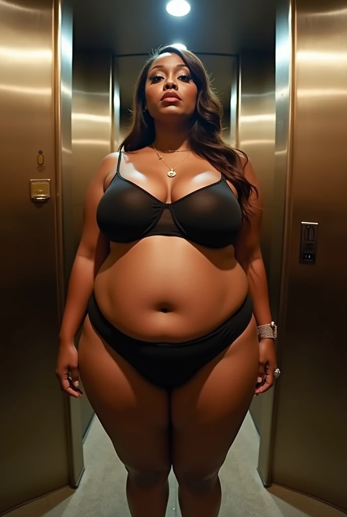 Pov of your eyes when in front of you is Cardi B's fat stepmother who wants to suck your cock while you are in the elevator and shows off her plus size body and big bra size.. fisheye camera view, iphone camera style. 8k hd, realface, cinematic, Hard detail, extreme long shot, high shapering image
