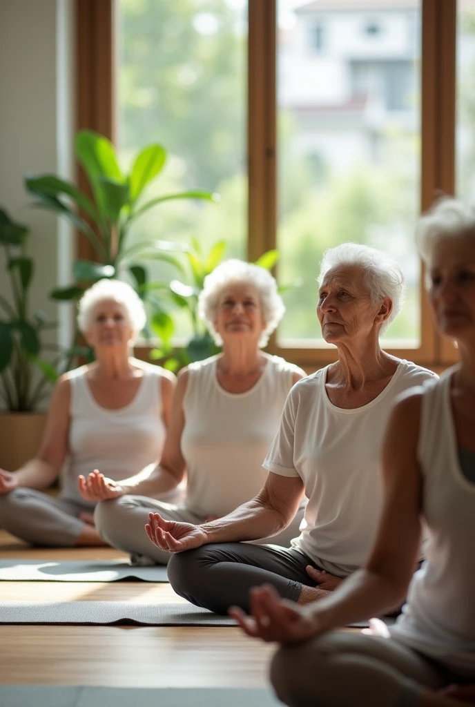 Peux-tu me réaliser une photo de personnes âgées qui pratiquent le yoga en appartement