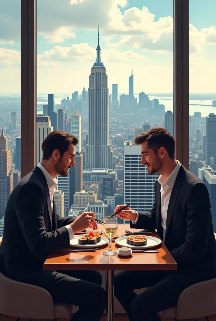 Men 2 sitting eating sushi on luxury penthouse with skyline with many high rise building seen from the windows
