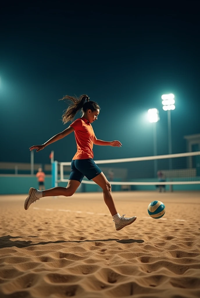A high-quality, professional DSLR photo of a single footvolley player on a sand court at night, captured mid-air as they skillfully use their foot to strike the ball. The ambient lighting from overhead floodlights creates soft, dynamic shadows on the sand, highlighting the athleticism and detail of the scene.