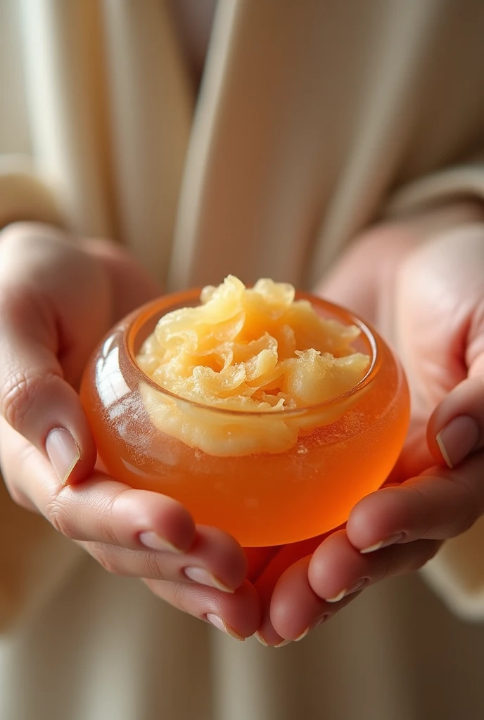 Make a soap for Facebook posts, a clear copper color, small round shape, decorated with bergamot, turmeric, coconut water, rice milk, Thanaka, honey.