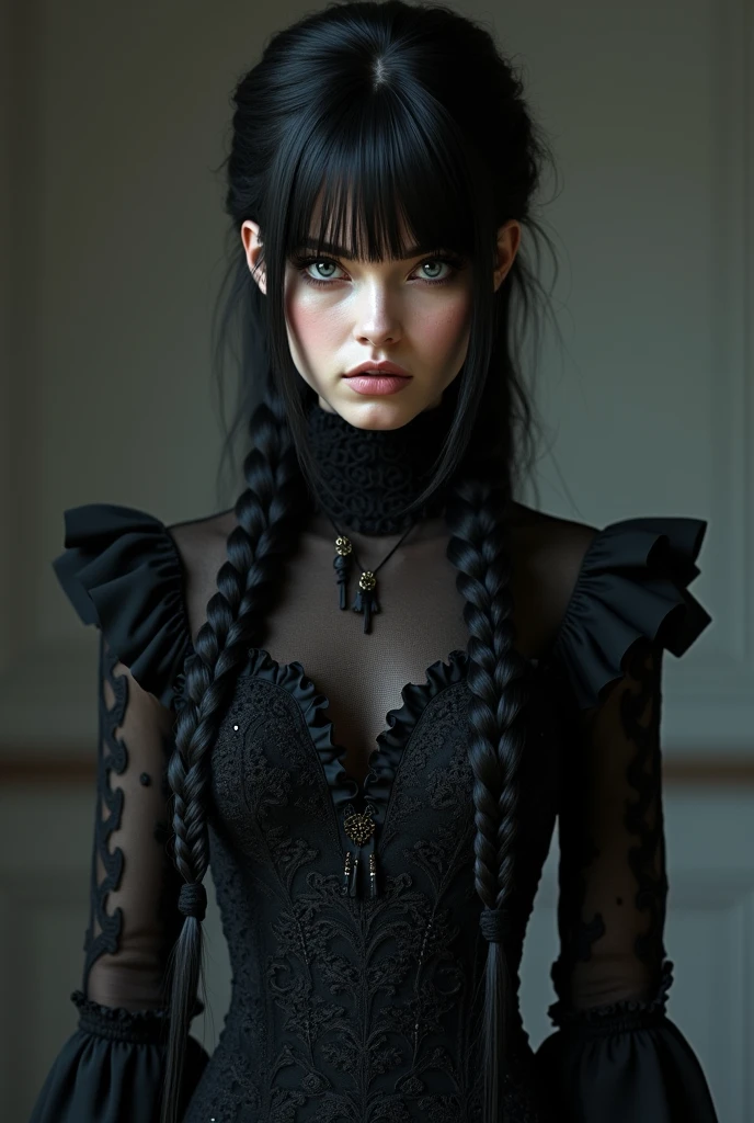 one  , caucasiano, he would be, braided hair with bangs, Bblack hair, grey-eyed, detailed black dress.