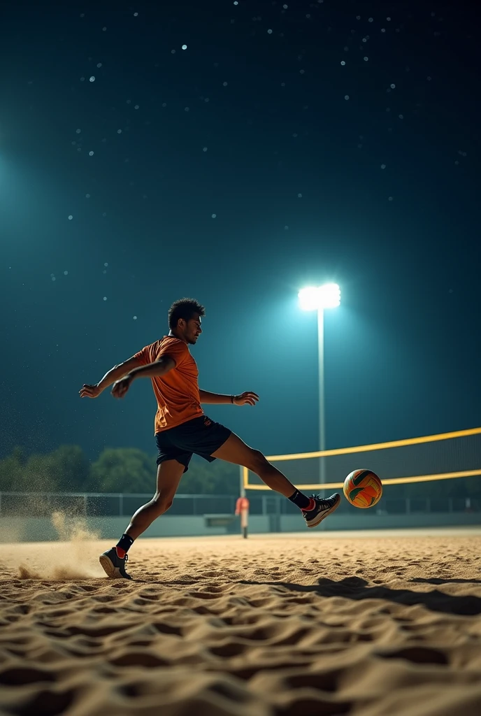 A high-resolution, professional DSLR shot of a lone footvolley player on a sand court under the night sky. The player is frozen in a dynamic kick, aiming to send the ball over the net. Bright floodlights above cast sharp shadows, emphasizing the player’s focus and technique.
