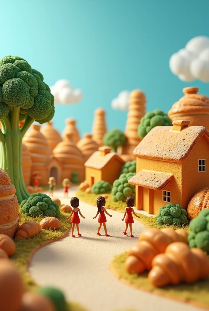 Miniature landscape, town of bread, house made of bread, tree made of broccoli, car made of croissants, many people walking on the road, blue sky, c4d, oc rendering, HD 8k