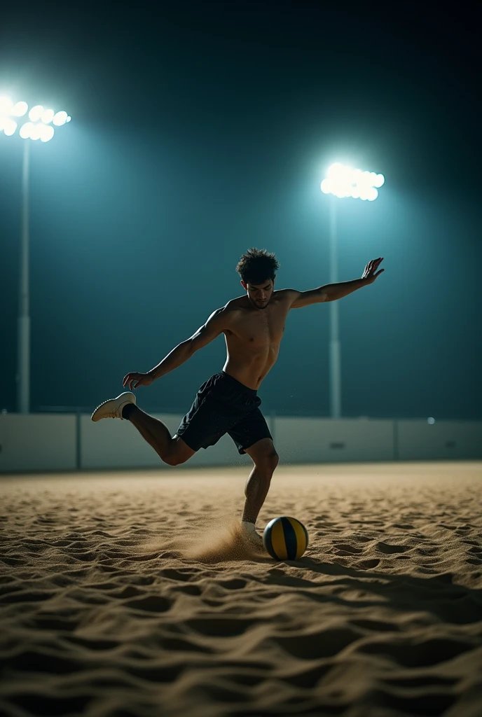 A professional DSLR image of a single footvolley player on a sand court at night, about to perform a bicycle kick. The soft, ambient light from overhead floodlights illuminates the player and the textured sand below, capturing the intensity and precision of the moment.
