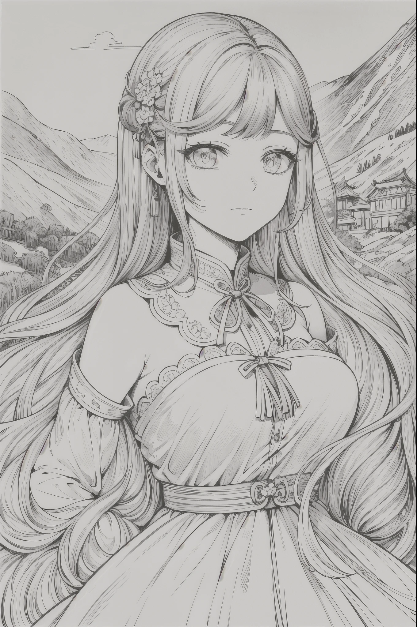 A masterpiece, top quality, one girl, beautiful facial features, white Chinese dress, Korean model pose, simple temple wall in the background, monochrome, line drawing, mountain with a river flowing through it.