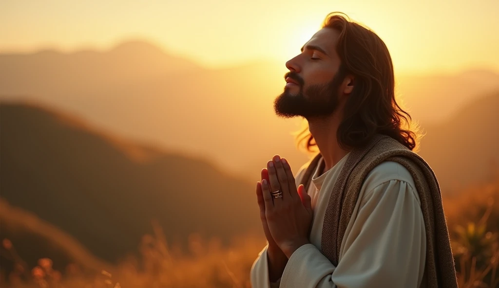 A viral social media image showing Jesus praying solemnly on the right side, with soft, warm light illuminating His face, surrounded by a serene landscape of rolling hills at dawn, invoking peace and hope.