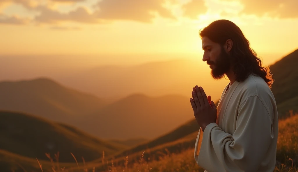 A viral social media image showing Jesus praying solemnly on the right side, with soft, warm light illuminating His face, surrounded by a serene landscape of rolling hills at dawn, invoking peace and hope.



