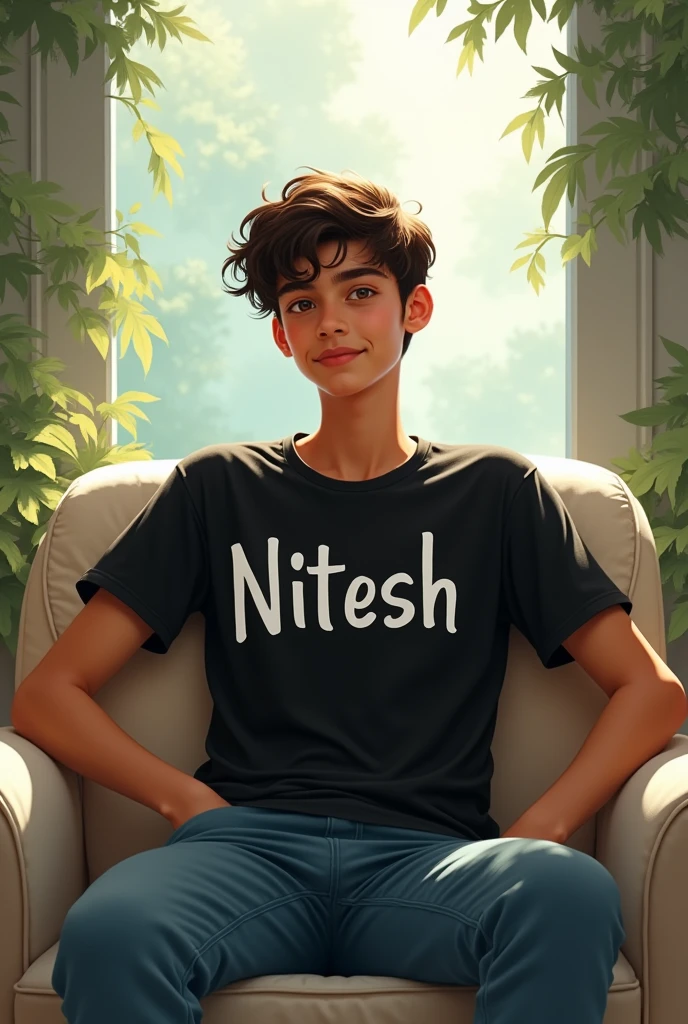 A 15years boy 
sitting on the chair and wear black t shirt and Nitesh name written on front of his shirt with white colour and background is like heaven 