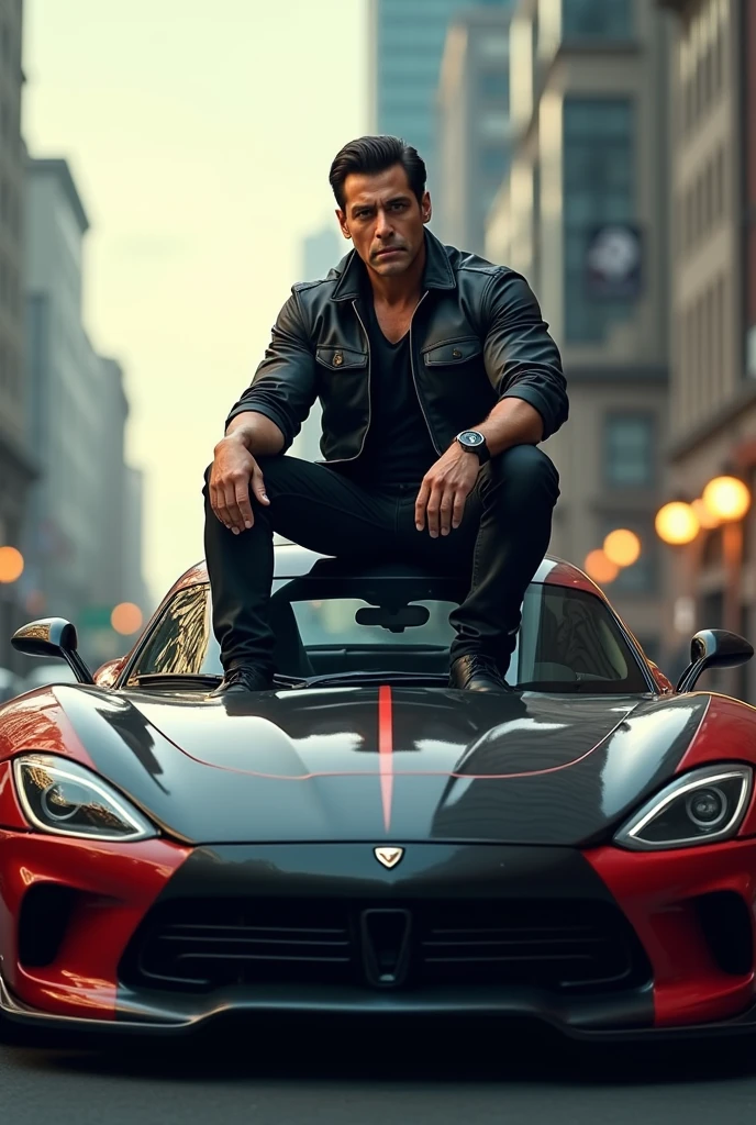 Salman khan sitting on car in a cool way and  car from fast and furious 