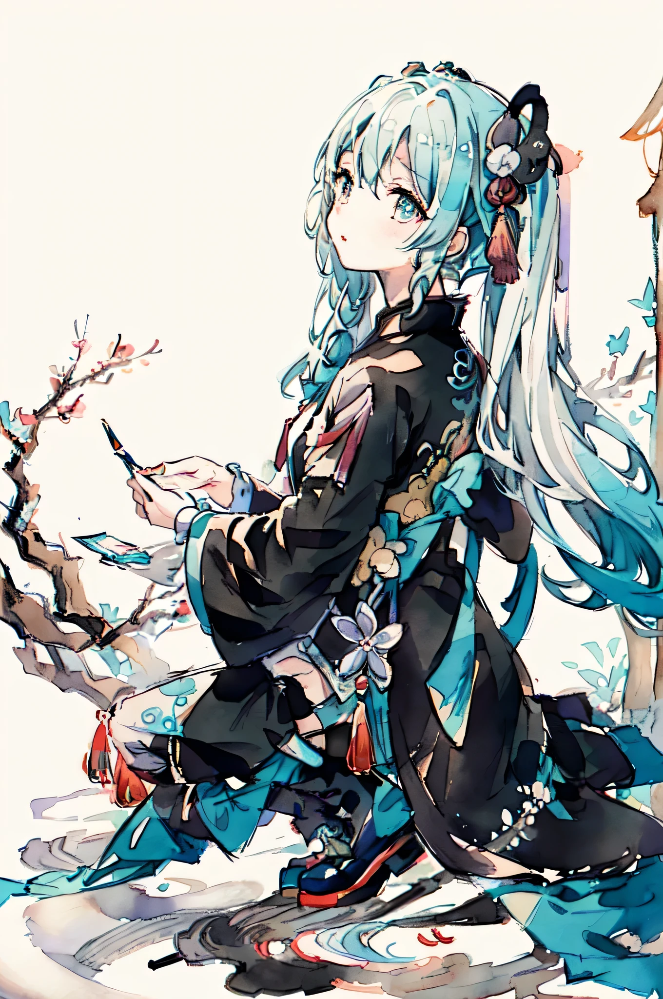 (1girl),masterpiece, painting,
water color painting, (shukezouma, negative space:1.6), 
(MoXin, shuimobysim, ink wash, chinese ink painting:1.6),
peaceful,facing front
flower tree branch in background, (song, poem, verse, stamp:1.2),
WUCHANGSHUO, BONIAN, ZHENBANQIAO, BADASHANREN 
yukimiku2018,twintails,white hair