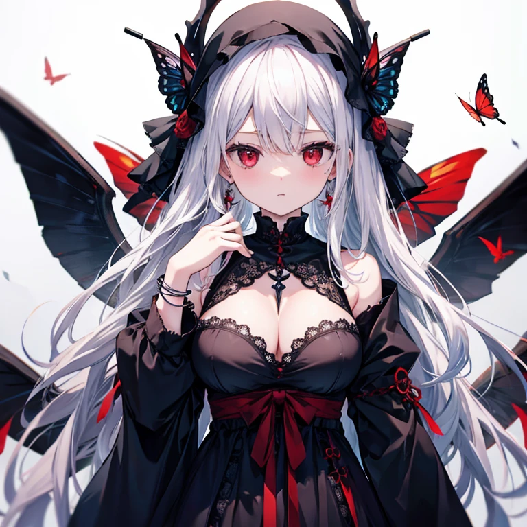 1 girl、Mature、Ample breasts、Long Hair、White Hair、Red Eyes、grim Reaper、Shoulder Bare、Black wings、Big Scythe、necklace、bracelet、Red butterfly、Deep woods、霧Deep woods、Red Gem、Lace fabric、Earrings、skull、Reaching out、Armament、Death is the only salvation。Let&#39;s go together。Leading to Hell。I want to die。High resolution、Highest quality