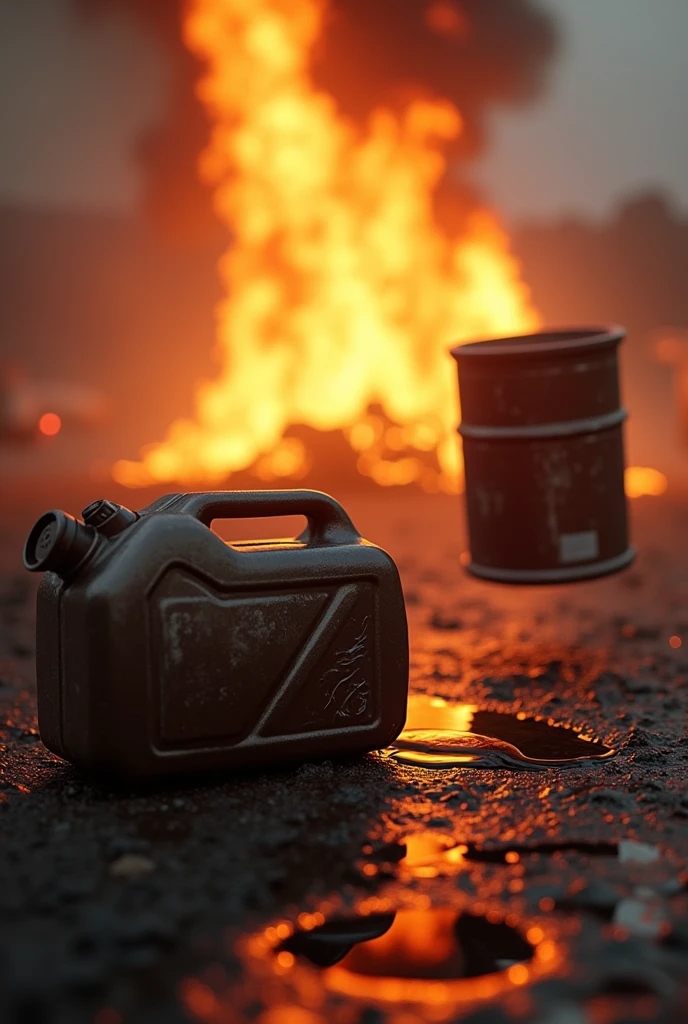 A gasoline can spilling gasoline on the ground due to fire in the background, while the drum floats