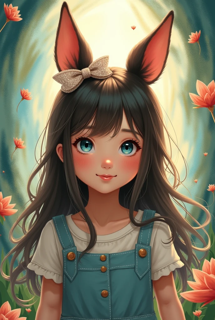 1girl, Solo, Smile, Blue eyes, Best Quality, Long Hair, Animal Ears, Cowboy Shot, Ribbon, Abstractionism, 