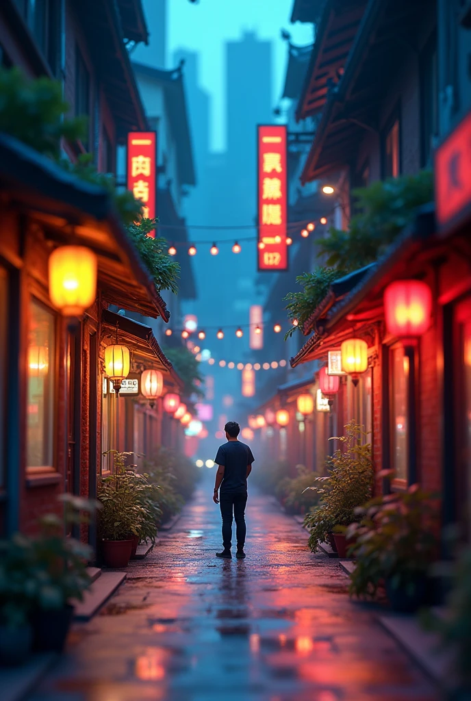 (Tilt Shift:1.4),Midnight Transit,Taipei Alley,A person standing in the alley,(colorful, best quality, detailed, On the table, Movie Lighting,watercolor, 4K, Chiaroscuro)